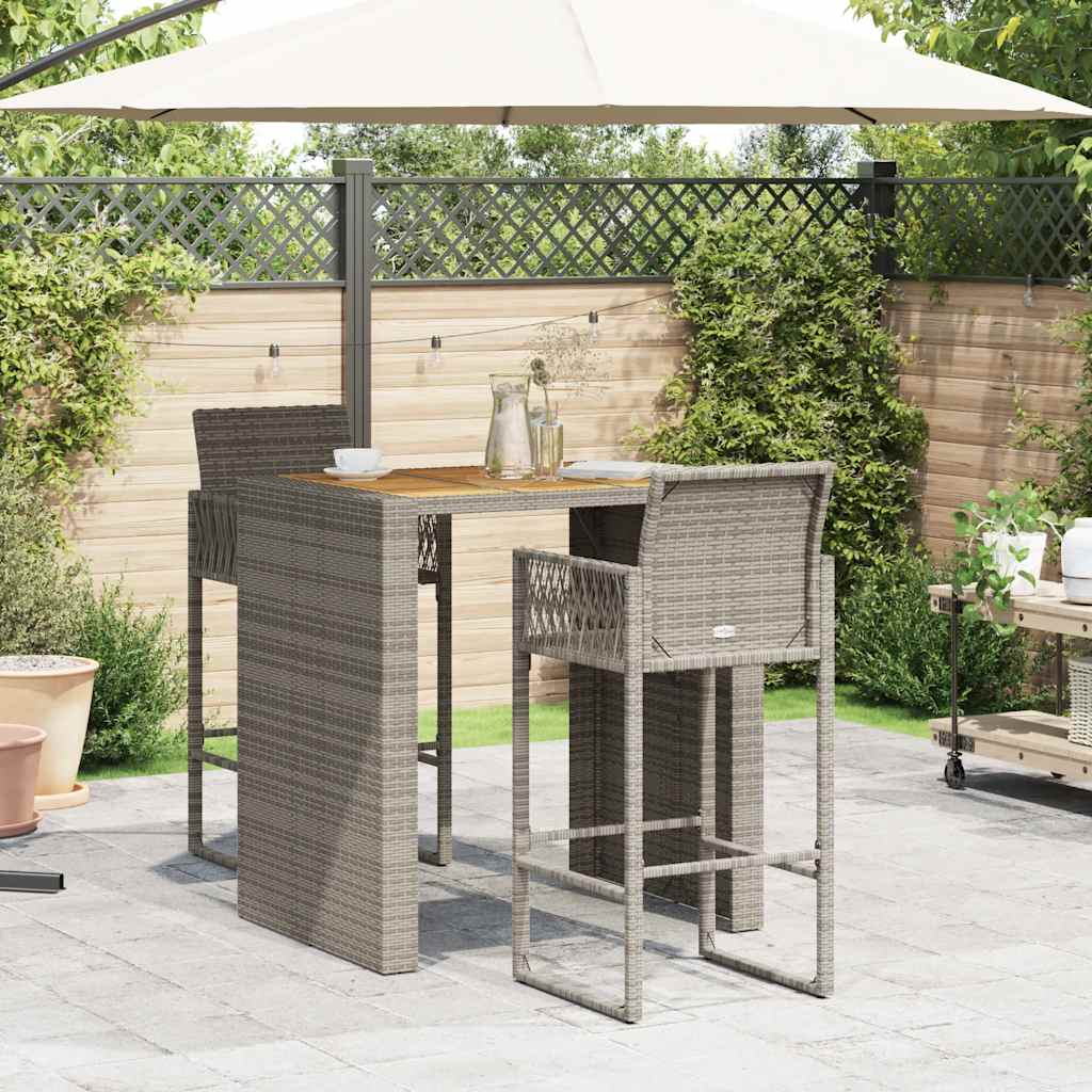 3-tlg. Gartenbar-Set ohne Kissen Grau Poly Rattan Akazie